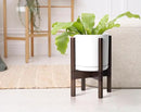 D'vine Dev Ceramic Planter with Walnut Color Stand - 8 Inch Modern Round Flower Pot with Wood Planter Holder, White, 55-B-Y-1 by CozyNest Decor