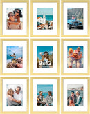 Vittanly 9x12 Picture Frames Set of 9, Shatter Resistant Plexiglass, Display 6x8 Pictures with Mat or 9x12 without Mat, Photo Frames for Wall or Tabletop, Engineered Wood, Gold by CozyNest Decor