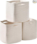 11 Inch Cube Storage Bins, Organizer Bins, Woven Cotton Rope Baskets for Storage, Storage Baskets for Organizing Shelves, White Basket for Toys, Off White (Pack of 3) by CozyNest Decor