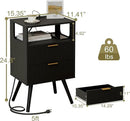 Black Nightstand with Charging Station and LED Lights,Modern Bedside Table with 2 Storage Drawer and Open Wood Shelf, for Bedroom and Small Spaces,Night Stand with Solid Wood Legs,Black by CozyNest Decor