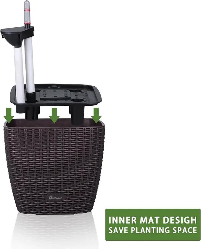Dexceder 11x10 Self Watering Planter Indoor Outdoor, Inner Mat Design, Thickened Table Flower Plant Pot with Water Level Indicator (Brown Rattan), photo 4 of 6