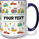 Personalized Mug for Kids - Vehicles - Custom Name/Text, Ceramic Hot Chocolate/Cocoa/Coffee Cup for Boys, Birthday/Christmas/Holiday Gift - 15 oz, Navy Blue Handle by TinyTreasures Baby Boutique