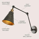 JONATHAN Y JYL7462D Rover 7" Classic Industrial Metal Adjustable Arm LED Wall Sconce, Rustic Dark Gray/Brass Gold for Bedroom, Bathroom, Vanity by CozyNest Decor