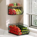 X-cosrack 2-Tier Stackable Wire Baskets for with Wood Lid, Wall Hanging Baskets for Potato and Onion Storage, Fruit Basket for Kitchen Counter, Metal Baskets for Snack Produce Cans by CozyNest Decor
