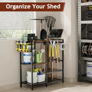 Garden Garage Tool Organizer - with 3-tier Shelves, Yard Tool Organizer for Garage with 4 Hooks, Heavy duty Steel Garden Tool Rack Holds up to 48 Long Handled Yard tools for Storage by GreenHaven Gardens
