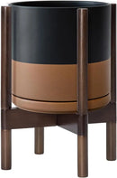 D'vine Dev Ceramic Planter with Walnut Color Stand - 10 Inch Modern Round Flower Pot with Wood Planter Holder, Black/Speckled Tan, 55-B-X-7 by CozyNest Decor