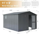 Domi Outdoor Storage Shed 11’ x 9’, Metal Sheds with Galvanized Steel Frame & Windows & Lockable Door, Garden Shed Tool Storage Room for Patio, Grey by GreenHaven Gardens