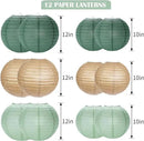 Paper Lanterns Decorative, Sage Green Forest Tan Hanging Round Chinese Lanterns with Lights for Rustic Party Sage Green Birthday Party 12 LED Light Pack of 12 by CozyNest Decor