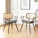 Rattan Dining Room Chairs Set of 2,Mid Century Modern Kitchen Side Chairs,Metal Legs Desk Chair,Faux Leather Accent Chair with Arms and Rattan Backrest Green PU by CozyNest Decor