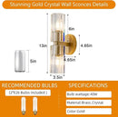 Gold Crystal Wall Sconces Set of Two, Wall Sconce Set of 2, Brass Sconces Wall Lighting with K9 Crystal Lampshade, Wall Lights for Bedroom Living Room Bathroom Hallway by CozyNest Decor