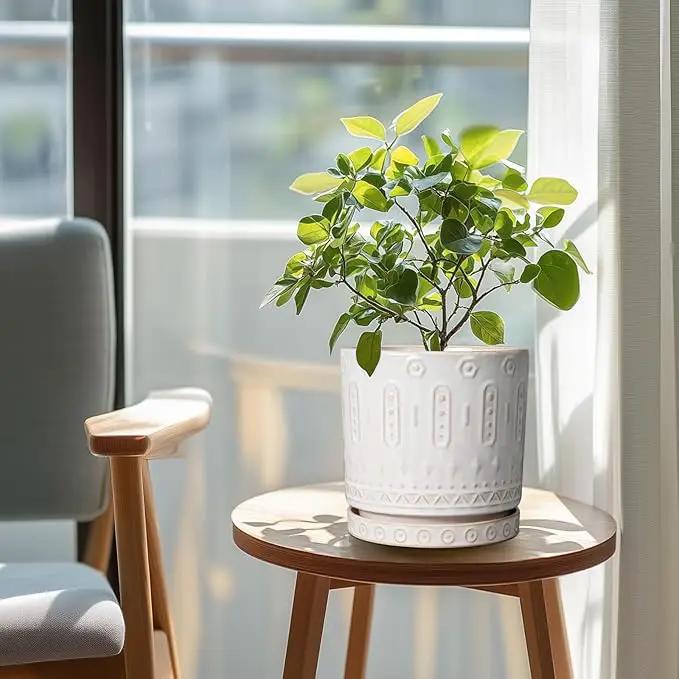 Ceramic Planter for Indoor Plants - 8 Inch Plant Pot Outdoor Flower Pot with Drainage Holes and Saucer Modern Round Planter Succulent Pot for Home Garden Decor White, photo 2 of 9