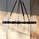 Round Black Glass Wagon Wheel Chandelier, Chandelier with Water Ripple Textured Recycled Clear Glass Piece, Modern Industrial Pendant Light with Metal Frame, Lighting Fixture for Living Room, Foyer by CozyNest Decor