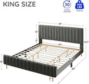Livinia King Size Elton Velvet Platform Bed, Upholstered Bed Frame with Vertical Channel Tufted Headboard Footboard, Strong Wood Slats, No Box Spring Needed, Gray (King) by CozyNest Decor