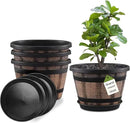 Quarut Plant Pots Set of 4 Pack 12 inch,Large Whiskey Barrel Planters with Drainage Holes & Saucer.Plastic Flower Pots Imitation Wine Barrel Design, for Indoor & Outdoor Garden Home Plants (Brown) by GreenHaven Gardens