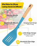 Silicone Kitchen Utensil Set for Non Stick Cookware, 7 Pcs Heat Resistant Cooking Utensils with Wooden Handle, BPA Free Kitchen Tools with Spatulas, Spoons, Skimmer and Pasta Fork (BLUE) by CozyNest Decor