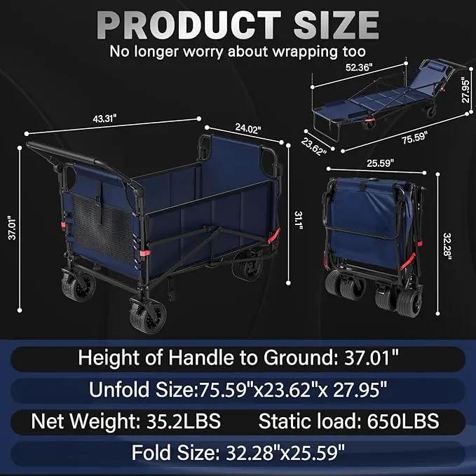 LEVELEVE Heavy Duty Folding Wagon - 2-in-1 Collapsible Cart, 650lb Capacity, All-Terrain Wheels w/Brakes & Side Pockets (Blue), photo 4 of 9