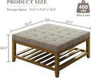 Large Square Ottoman Coffee Table, Linen Solid Upholstered Footrest Ottoman with Solid Wood Shelf Storage Tufted Coffee Table for Bedroom Living Room, Linen by CozyNest Decor