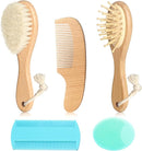 Goat Baby Hair Brush Set, Wooden Comb Massage Scalp Comb, Safe Natural Hair Care Kit, Soft Silicone Bath Brush for Newborns Toddlers (Brush Set+ Green Massager) by TinyTreasures Baby Boutique