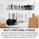 MyGift Wall Mounted Silver-Tone Metal Hanging Kitchen Pots, Pans and Utensils Storage Cookware Rack with 12 Removable S-Hooks and Top Display Shelf for Condiments Spice Rack by CozyNest Decor