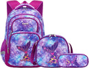Cusangel Purple Mermaid 3pcs Set with Lunch Box Pencil Case,Multi Compartment Backpack, Dinosaur Backpack Chest Strap Side Pockets 16 Inch by TinyTreasures Baby Boutique