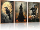 KAIRNE Framed Halloween Canvas Wall Art,Dark Witch Crow Prints,Black Cat Painting,Horror Gothic Pictures Set of 3 (16”X24”),Scary Halloween Wall Decor for Party Living Room Bedroom Office Decoration by CozyNest Decor