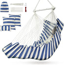 Hammock Chair, Hanging Chair with 3 Cushions and Foot Rest Support, Sturdy Metal Spreader Bar Max 440 Lbs, Swing Chair for Bedroom, Indoor & Outdoor, Patio, Porch or Tree（Blue and White） by GreenHaven Gardens