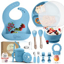 O'doe 17-Piece BPA-Free Silicone Baby Feeding Set | Thick & Soft Suction Plates, Baby Bowls, Wooden Fork & Spoon, and More | Make Mealtime Fun and Easy for Your Little One (Blue, V2) by TinyTreasures Baby Boutique