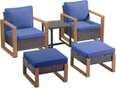 Outdoor Wicker Patio Furniture Set - 5 Piece Patio Conversation Set with 2 Wicker Armrest Chairs,2 Rattan Ottoman, 1 Side Table, Sturdy Frame, Thick Cushions, Deep Seating(Brown/Blue) by CozyNest Decor
