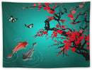 Japanese Koi Fish Tapestry, Cherry Blossoms Asian Oriental Green Teal Floral Branch Koi Fish Carp Tapestries Wall Hanging for Bedroom Living Room Office Decor 40"x30" by CozyNest Decor