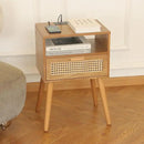 MaxSmeo Mid Century Modern Nightstand with Charging Station, Bedside Tables with Rattan Drawer, Small Wood Nightstand Side Table for Living Room,Bedroom (Brown) by CozyNest Decor