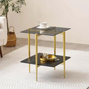 Glass End Table, Mid-Century Modern Design Sofa Table, for Living Room, L18 x W18 x H23 in, Clear Glass Top and Walnut MDF Shelf, Sleek Conical Metal Legs with Gold Finish Frame by CozyNest Decor