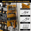 12 Cordless Drill Holder Large Power Tool Organizer Wall Mount with Side Pegboard & Screwdriver Holder, 4-Tier Heavy Duty Metal Tool Storage Rack with 4-Outlet Power Strip by GreenHaven Gardens
