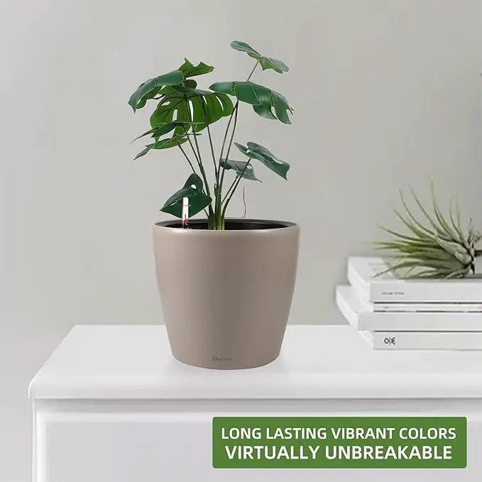 Dexceder 11x10 Inches Self Watering Planter Indoor Outdoor, Inner Pot Design, Thickened Table Flower Plant Pot with Water Level Indicator (Taupe Matte), photo 6 of 6