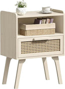 Lerliuo Rattan Nightstand, Side Table with Drawer Open Shelf, Cane Accent Bedside End Table with Solid Wood Legs, Mid Century Modern Night Stand for Bedroom, Dorm and Small Spaces (Grey White) by CozyNest Decor