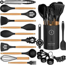 Silicone Cooking Utensils Set - Silicone Kitchen Utensils for Cooking Wooden Handles, 446°F Heat Resistant Kitchen Utensil Spatula Sets w Holder, Gadgets for Non-Stick Cookware BPA FREE (Black) by CozyNest Decor