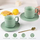 Large Cappuccino Cups with Saucers Set of 4, 8 Ounce Stackable Embossed Ceramic Coffee Mugs for Specialty Coffee Drinks, Latte, Cafe Mocha and Tea, Dishwasher & Microwave Safe (Green) by CozyNest Decor