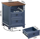 18" Farmhouse Night Stands Set of 2 with Charging Station, 2 & 3 Drawers End Table Dresser for Bedroom, Blue Wooden Nightstand, Bed Side Table with Open Shelf, Bedside Cabinet for Living Room by CozyNest Decor