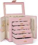 AKOZLIN 6-Tier Jewelry Box Organizer Functional 5 Drawers Leather Jewelry Storage Case for Women Girls Ring Necklace Earring Bracelet Holder Organizer with Mirror Pink by TinyTreasures Baby Boutique