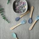 Ginbear Silicone Baby Spoons and Forks Self-feeding 12-18 Months, Soft Tip Baby Flatware Sets for Boy, Toddler Feeding Utensils for Child, 4 Piece Set (Gray/Blue) by TinyTreasures Baby Boutique