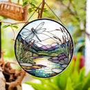 River and Dragonfly Pattern Suncatcher Stained Glass,Hanging Stained Glass for Windows,20cm/7.87inch Hand-Painted Sun Catcher Garden Hangings Painted Glass Panel Decor Themed Gift by GreenHaven Gardens