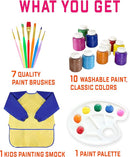 Kids Painting Set, Washable Paint for Kids 10 Colors, 7 Paintbrushes, Paint Palette, Painting Smock, Non Toxic Tempera Paints 2 oz Each,Paints for Toddlers Gifting Bundle Art, Crafts by TinyTreasures Baby Boutique
