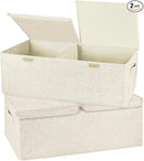 2 Pack Large Storage Boxes with Lids and Handles, Collapsible Linen Storage Bins Organizer Containers Baskets Cube with Removable Divider for Home Bedroom Closet Office (Cream, Small) by TinyTreasures Baby Boutique