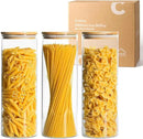 ComSaf Glass Spaghetti Pasta Storage Container with Lids 2 Qt Set of 3, Tall Clear Airtight Food Storage Jar with Wood Cover Kitchen Pantry Storage Container for Noodles Flour Cereal Coffee Beans by CozyNest Decor