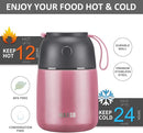 Insulated Food Jar for Hot & Cold Food for Kids Adult,17 oz Soup Thermo Hot Food Containers for Lunch, Triple Layer Insulation Stainless Steel Food Jar with Spoon (Pink) by TinyTreasures Baby Boutique