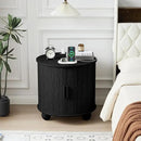 24" Large Fluted Round End Table with Charging Station, Farmhouse Cricle Sofa Side Table with Sliding Door and Storage, Rustic Curved Wood Nightstand for Living Room, Bedroom,Black by CozyNest Decor