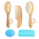 Wooden Natural Goat Bristle Brush and Cradle Cap Comb Set - 5 in 1 Baby Grooming Kit for Newborns, Toddlers, Boys, and Girls (Blue) by TinyTreasures Baby Boutique