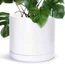 D'vine Dev 14 Inch Ceramic Planter Pot with Drainage Hole and Saucer, Indoor Cylinder Round Planter Pot, White, 94-O-G-1 by GreenHaven Gardens