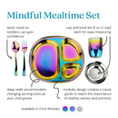 Ahimsa Stainless Steel Kids Dinnerware Set - 5 Piece Stainless Steel Toddler Plates and Bowls Set, Pediatrician Designed, Non Toxic Toddler Plate and Bowl, Kids Utensils and Cup (Rainbow) by TinyTreasures Baby Boutique