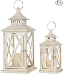 Lanterns Decorative Outdoor&Indoor, Set of 2 (14"&10") Beige Metal Lantern Decor with Glass, Candle Holder for Porch, Patio, Garden, Balcony, Wedding, Table Centerpiece by CozyNest Decor