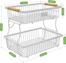 2 Tier Fruit Basket for Kitchen Counter with 2 Banana Hangers, Countertop Metal Fruit Bowl with Wooden Handle, Large Storage Stand for Vegetables, Snacks, Breads, Produce Storage – White by CozyNest Decor
